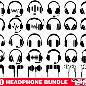 Op de afbeelding: Een verzameling van 30 zwarte hoofdtelefoon- en oortelefoonontwerpen. De afbeelding bevat verschillende stijlen van over-ear hoofdtelefoons en in-ear oortelefoons, sommige met microfoons. De tekst "30 HEADPHONE BUNDLE" wordt in een rode banner onderaan weergegeven.