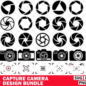 Peut inclure: Un ensemble de motifs noir et blanc comprenant diverses formes d'ouverture d'appareil photo, des silhouettes d'appareils photo et des réticules de mise au point. L'image comprend le texte "34 CAPTURE CAMERA DESIGN BUNDLE".