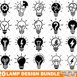 May include: A collection of 20 black lamp designs, each with a unique internal graphic, such as gears, puzzle pieces, and lightning bolts. The designs are surrounded by radiating lines, suggesting light. The text "20 LAMP DESIGN BUNDLE" is at the bottom.