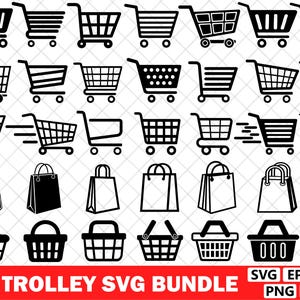May include: A set of 35 black and white vector graphics featuring shopping trolleys, shopping bags, and baskets. The image showcases diverse designs of shopping trolleys, shopping bags, and baskets, ideal for e-commerce or retail projects. The text "35 TROLLEY SVG BUNDLE" is at the bottom.