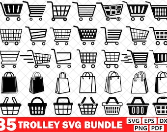 Paquete SVG de carrito, imágenes prediseñadas de carrito, archivos vectoriales de corte de carrito para Cricut, silueta de bolsa de compras, símbolo de cesta de compras, PDF, PNG, EPS, DXF