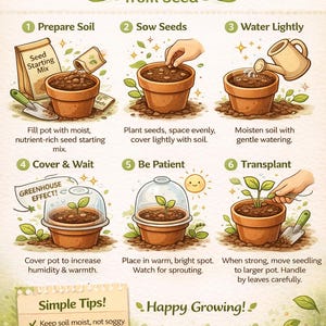 May include: Illustrated guide to sowing and germination from seed. Steps include preparing soil, sowing seeds, watering, covering, waiting, and transplanting. Includes simple tips for successful growing and a ladybug.