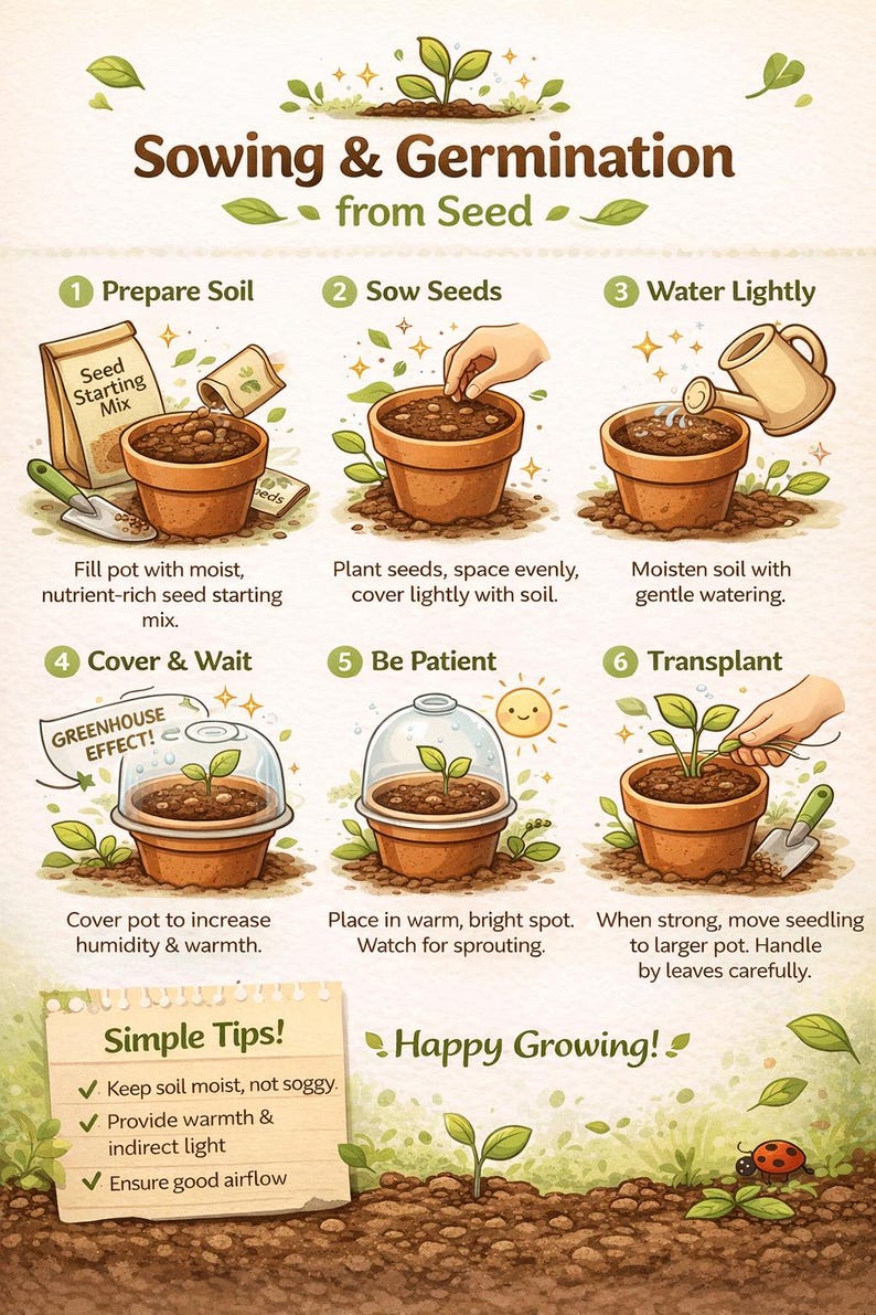 May include: Illustrated guide to sowing and germination from seed. Steps include preparing soil, sowing seeds, watering, covering, waiting, and transplanting. Includes simple tips for successful growing and a ladybug.