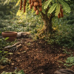 May include: A lush outdoor scene featuring a tamarind tree laden with brown, pod-like fruits. The tree's green leaves contrast with the fruits. The foreground shows rich, dark soil, with gardening tools and a terracotta pot visible.