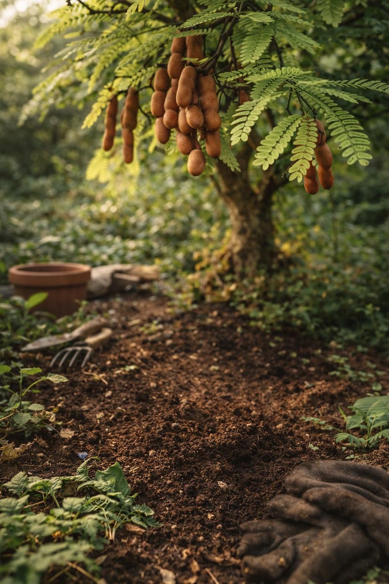 May include: A lush outdoor scene featuring a tamarind tree laden with brown, pod-like fruits. The tree's green leaves contrast with the fruits. The foreground shows rich, dark soil, with gardening tools and a terracotta pot visible.