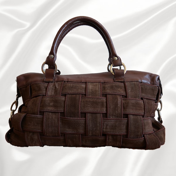 Brown Faux Suede and Leather Barrel Bag Purse, Chocolate Coco Brown Purse w/ Front Faux Suede Weaved Intrecciatto Detailing Silver Detailing