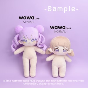May include: Two plush dolls with embroidered faces and light skin tones stand against a purple background. One doll has purple hair and the other has tan hair. Text on the image reads "wawa CHAN" and "-STYLISH-" and "-NORMAL-".