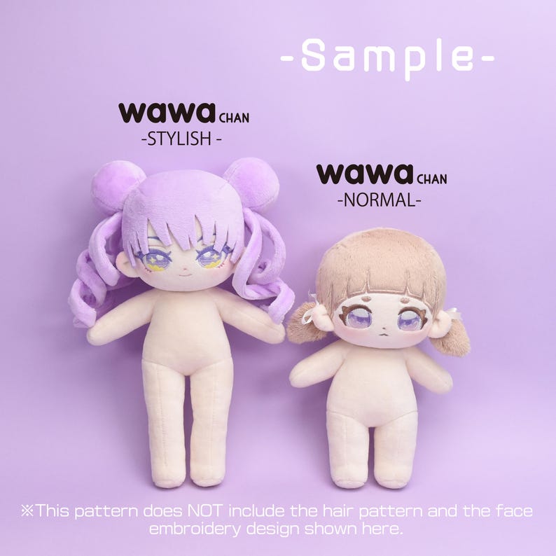 May include: Two plush dolls with embroidered faces and light skin tones stand against a purple background. One doll has purple hair and the other has tan hair. Text on the image reads "wawa CHAN" and "-STYLISH-" and "-NORMAL-".