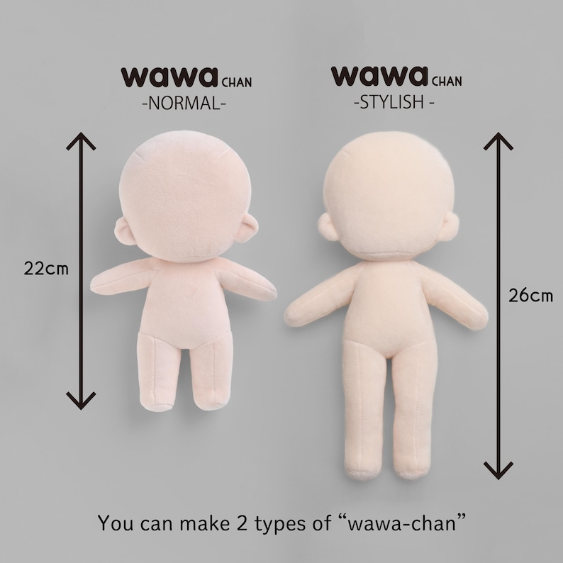 May include: Two plush doll figures, one 8.6 inches tall and the other 10.2 inches tall, with the text "wawa chan" above each. The text "-NORMAL-" and "-STYLISH-" are below the figures. The text "You can make 2 types of 'wawa-chan'" is at the bottom.