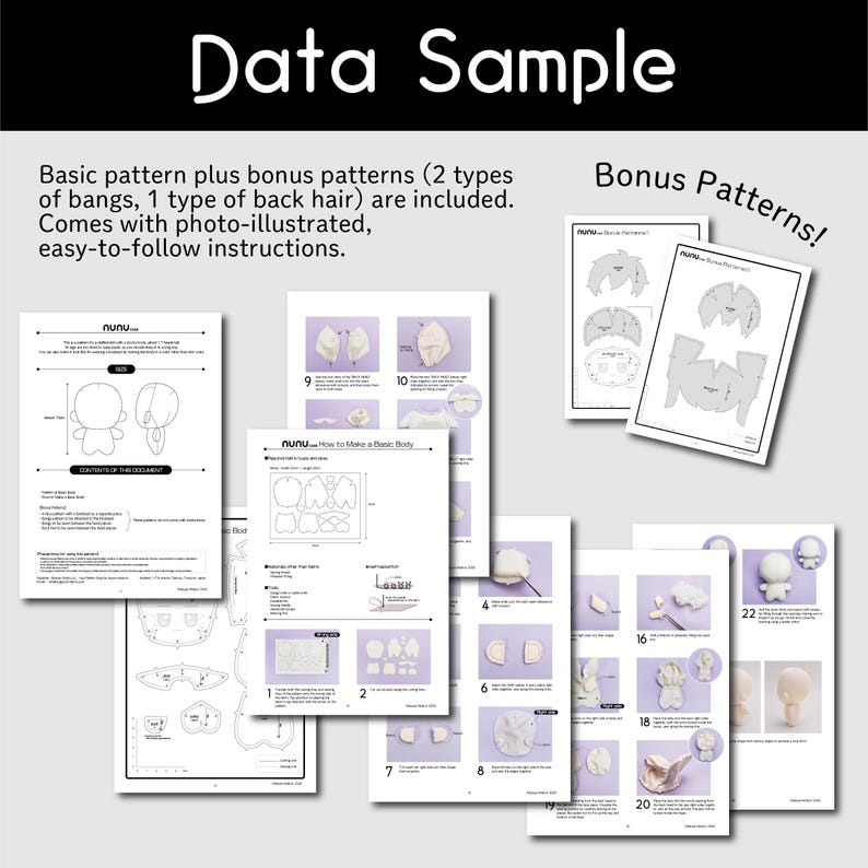 May include: A collection of printed pattern instructions for making a doll, with the text "Data Sample" at the top. The instructions include diagrams and step-by-step photos. The text reads "Basic pattern plus bonus patterns (2 types of bangs, 1 type of back hair) are included."
