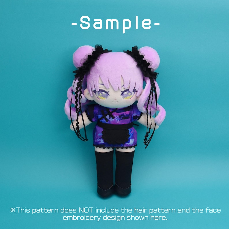 May include: A plush doll with lavender hair styled in two buns and long curls, adorned with black lace. The doll wears a purple and blue dress with a black apron and black stockings. Text on the image reads "-Sample-" and a disclaimer.