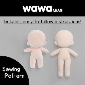 May include: Two plush doll bodies in a light beige color, with arms, legs, and rounded heads. The image includes the text "wawa chan", "Includes easy-to-follow instructions!", and "Sewing Pattern".