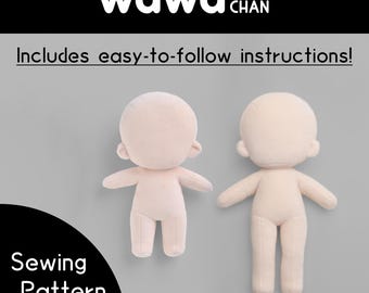 May include: Two plush doll bodies in a light beige color, with arms, legs, and rounded heads. The image includes the text "wawa chan", "Includes easy-to-follow instructions!", and "Sewing Pattern".