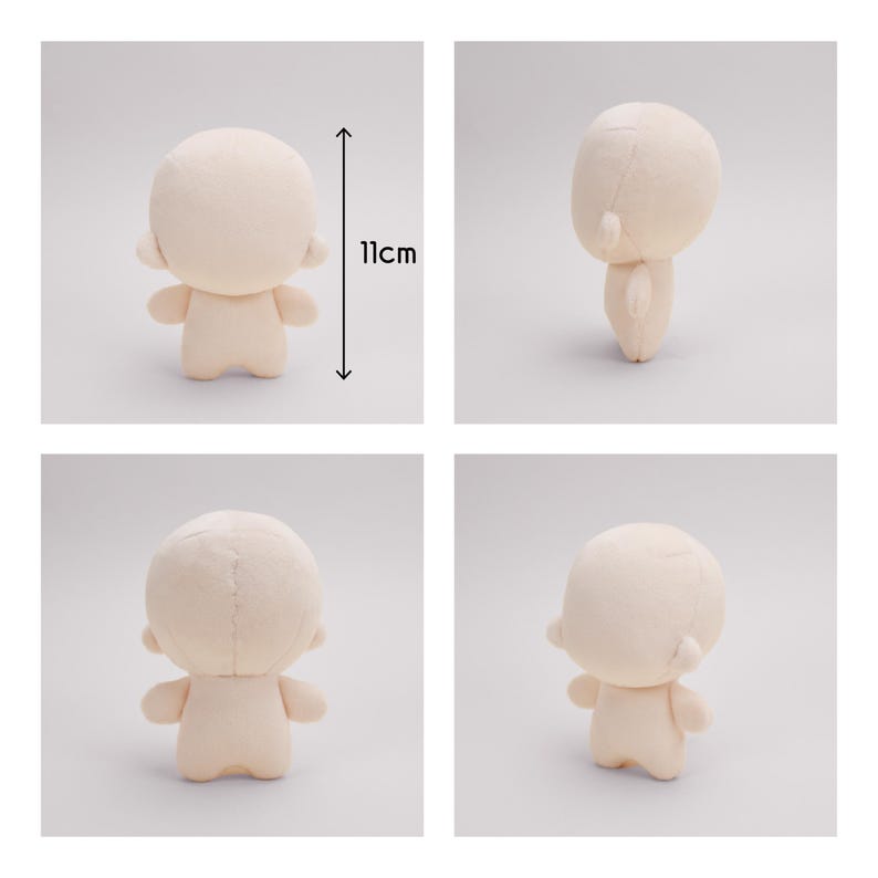May include: A beige plush doll, approximately 4.3 inches (11 cm) tall, with a rounded head, small arms, and a simple body. The doll is shown from multiple angles against a white background.