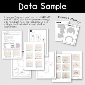 May include: A collection of printed pattern instructions for making dolls. The pages include diagrams, illustrations, and text. The text reads "Data Sample", "Bonus Patterns!", and "2 types of 'wawa-chan' patterns".