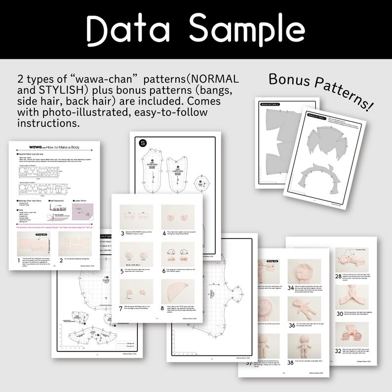 May include: A collection of printed pattern instructions for making dolls. The pages include diagrams, illustrations, and text. The text reads "Data Sample", "Bonus Patterns!", and "2 types of 'wawa-chan' patterns".