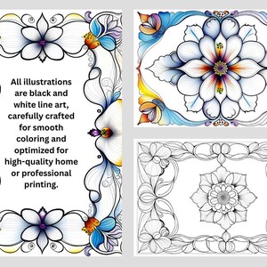 Puede incluir: Cuatro ilustraciones florales. Una es un marco en blanco y negro con el texto: "Todas las ilustraciones son arte lineal en blanco y negro, cuidadosamente elaboradas para una coloraci&oacute;n suave y optimizadas para impresi&oacute;n dom&eacute;stica o profesional de alta calidad." Las otras tres son dise&ntilde;os florales en color.