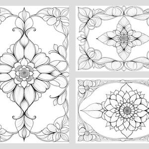 Puede incluir: Tres dise&ntilde;os florales en blanco y negro. Los dise&ntilde;os presentan dibujos lineales detallados de flores y hojas, con patrones intrincados. Las im&aacute;genes est&aacute;n enmarcadas con bordes decorativos, creando una composici&oacute;n sim&eacute;trica y elegante.