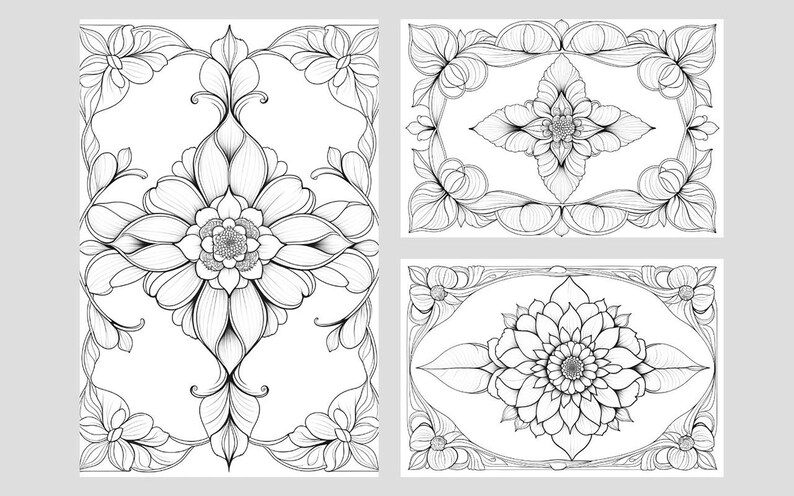 Puede incluir: Tres dise&ntilde;os florales en blanco y negro. Los dise&ntilde;os presentan dibujos lineales detallados de flores y hojas, con patrones intrincados. Las im&aacute;genes est&aacute;n enmarcadas con bordes decorativos, creando una composici&oacute;n sim&eacute;trica y elegante.