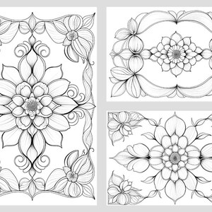 Puede incluir: Dise&ntilde;os de arte lineal floral en blanco y negro. La imagen presenta tres obras de arte separadas, cada una con patrones florales detallados. Los dise&ntilde;os incluyen grandes flores centrales, rodeadas de intrincados detalles de p&eacute;talos y hojas, y bordes decorativos.