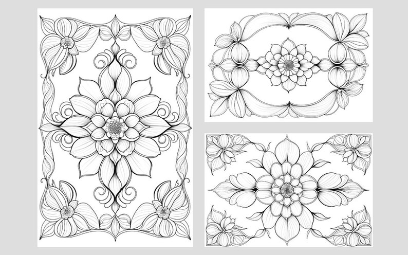 Puede incluir: Dise&ntilde;os de arte lineal floral en blanco y negro. La imagen presenta tres obras de arte separadas, cada una con patrones florales detallados. Los dise&ntilde;os incluyen grandes flores centrales, rodeadas de intrincados detalles de p&eacute;talos y hojas, y bordes decorativos.