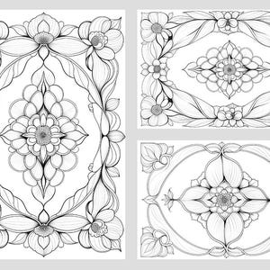 Puede incluir: Ilustraciones de arte lineal floral en blanco y negro. La imagen presenta tres dise&ntilde;os separados: una pieza rectangular grande con un motivo floral central y dos piezas rectangulares m&aacute;s peque&ntilde;as con marcos florales y dise&ntilde;os centrales.