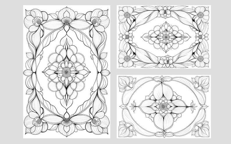 Puede incluir: Ilustraciones de arte lineal floral en blanco y negro. La imagen presenta tres dise&ntilde;os separados: una pieza rectangular grande con un motivo floral central y dos piezas rectangulares m&aacute;s peque&ntilde;as con marcos florales y dise&ntilde;os centrales.
