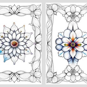 Puede incluir: Dos impresiones art&iacute;sticas florales con flores blancas detalladas con centros coloridos y acentos azules, sobre un fondo blanco. Cada impresi&oacute;n est&aacute; enmarcada con un borde floral ornamental en blanco y negro, creando un dise&ntilde;o sim&eacute;trico.