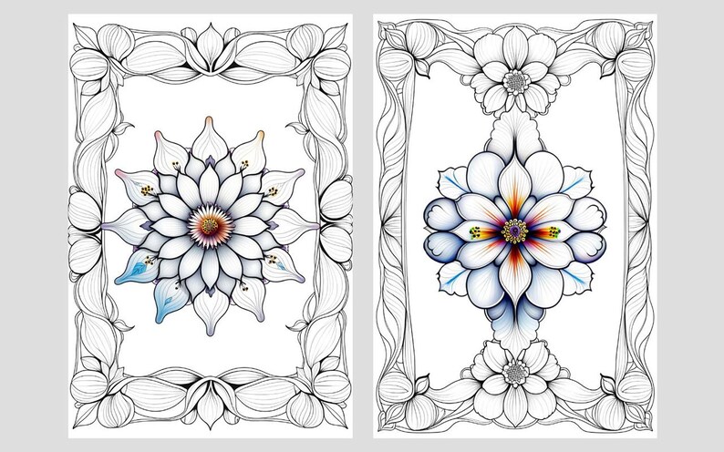 Puede incluir: Dos impresiones art&iacute;sticas florales con flores blancas detalladas con centros coloridos y acentos azules, sobre un fondo blanco. Cada impresi&oacute;n est&aacute; enmarcada con un borde floral ornamental en blanco y negro, creando un dise&ntilde;o sim&eacute;trico.