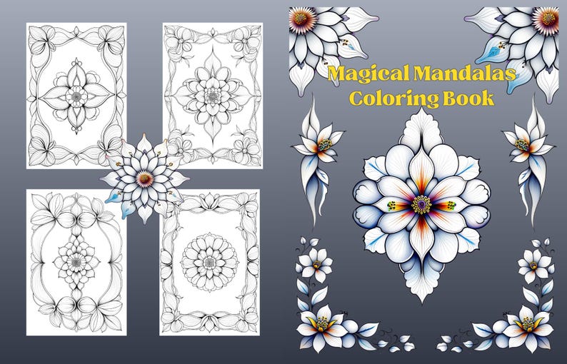 Puede incluir: Imagen de un libro para colorear titulado "Magical Mandalas" con intrincados dise&ntilde;os florales. La imagen presenta cuatro p&aacute;ginas rectangulares con patrones de mandala detallados y elementos florales decorativos. Tambi&eacute;n hay ilustraciones florales y dise&ntilde;os de esquina adicionales.