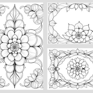 Puede incluir: Ilustraciones de arte lineal floral en blanco y negro. La imagen presenta un gran dise&ntilde;o floral central y dos dise&ntilde;os florales enmarcados m&aacute;s peque&ntilde;os. Las ilustraciones son detalladas y adecuadas para colorear o fines decorativos.
