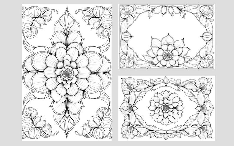 Puede incluir: Ilustraciones de arte lineal floral en blanco y negro. La imagen presenta un gran dise&ntilde;o floral central y dos dise&ntilde;os florales enmarcados m&aacute;s peque&ntilde;os. Las ilustraciones son detalladas y adecuadas para colorear o fines decorativos.