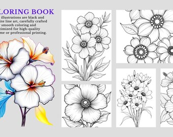 Libro para colorear de flores para adultos: 35 páginas imprimibles de arte lineal de flores | Descarga digital A4