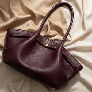 May include: A burgundy leather handbag with a structured design. The bag features a top handle, a gold-tone clasp, and a textured surface. The bag is set against a backdrop of draped, cream-colored fabric.