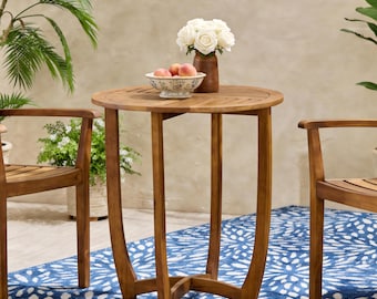 27.5" Outdoor Round Acacia Wood Accent Table, Patio Garden Decor, Teak