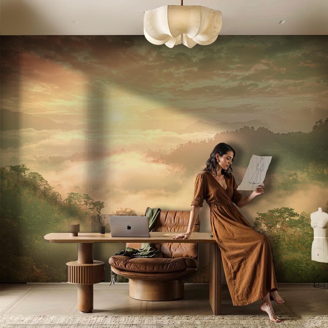 Misty Forest Landscape Wallpaper Mural, Sunrise Mountain Nature Wall ...