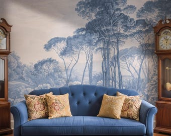 Blue Toile de Jouy Wallpaper Mural, Vintage Engraved Forest Landscape, French Style Scenic Peel and Stick Wallpaper