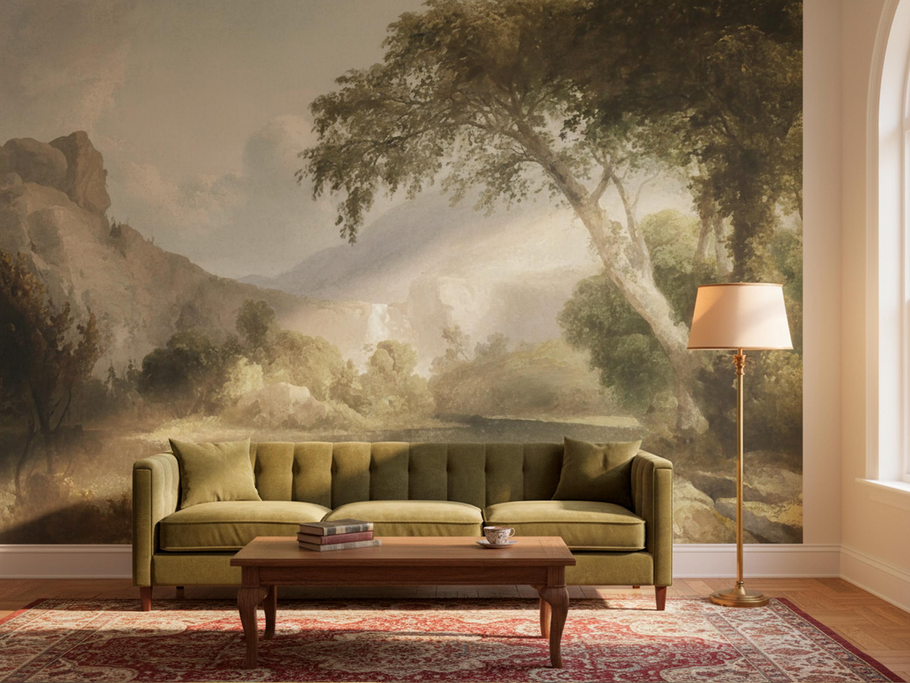 Scenic Nature Wallpaper Mural, Vintage Lake Landscape Wall Mural ...