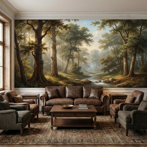 Sunlit Forest Landscape Wallpaper Mural, Serene Woodland River Scene ...