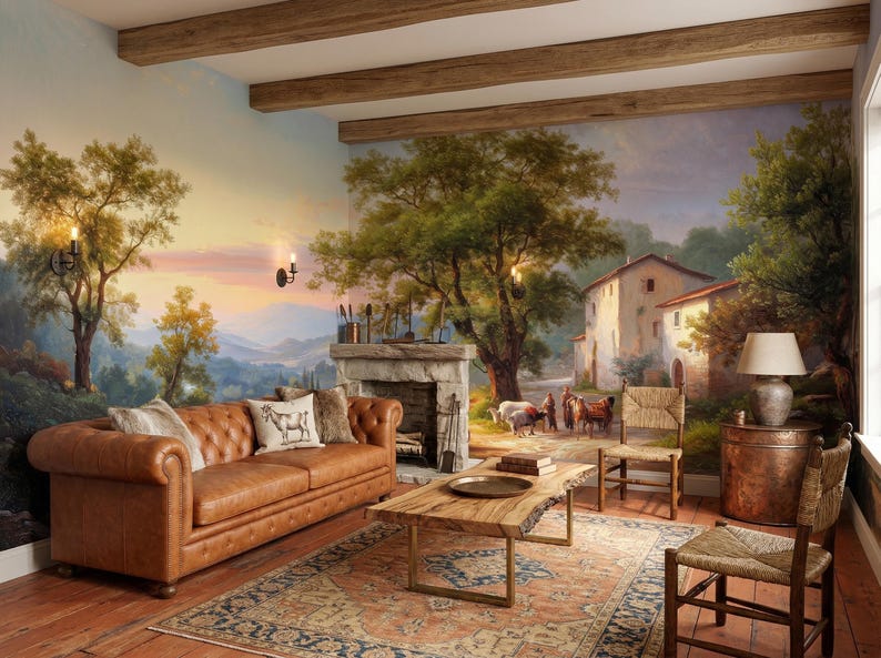 Italian Countryside Sunset Wall Mural, Warm Pastoral Landscape ...