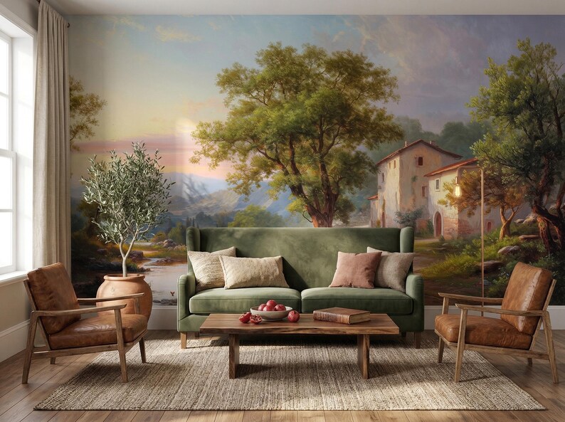 Italian Countryside Sunset Wall Mural, Warm Pastoral Landscape ...