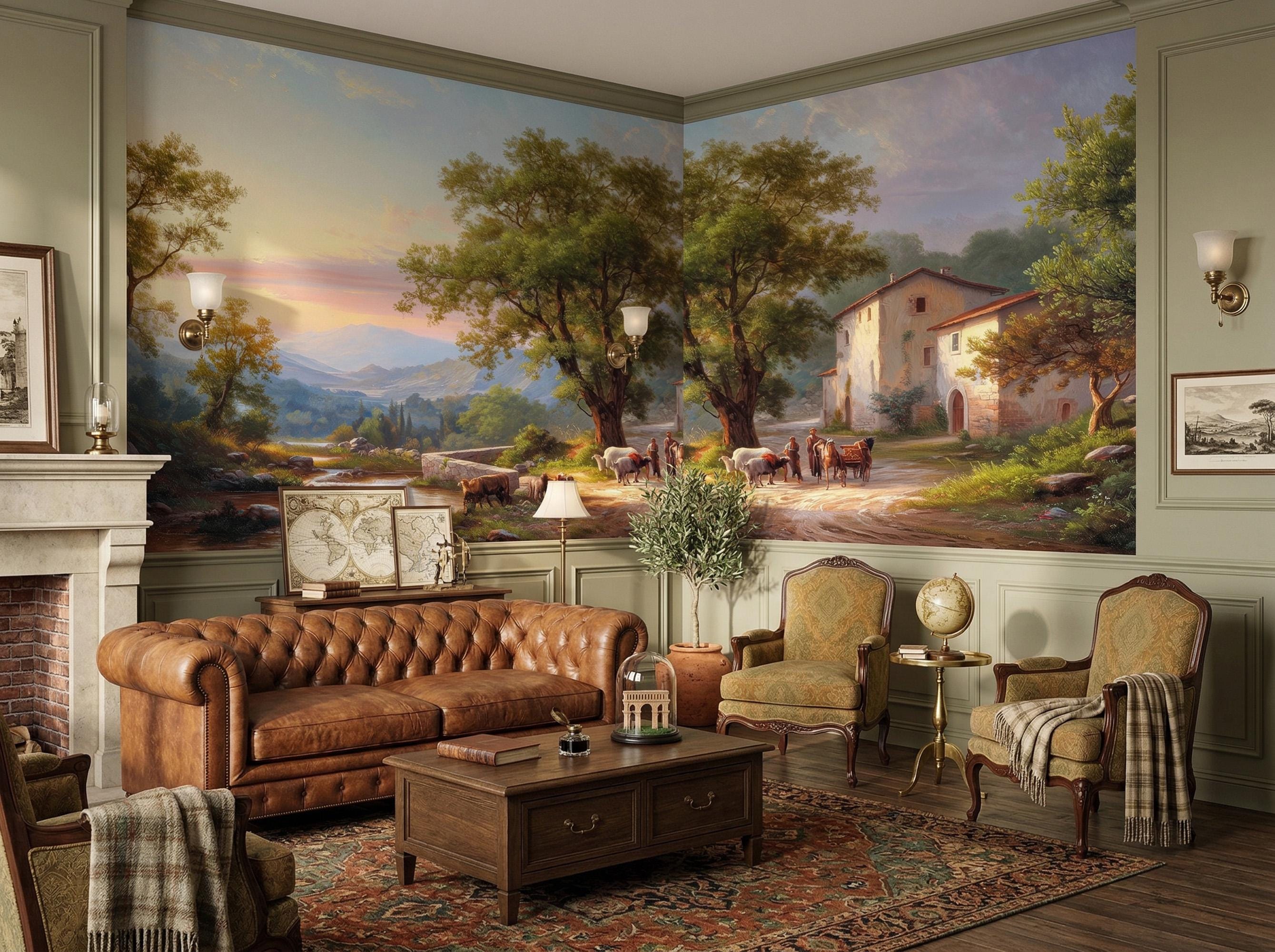 Italian Countryside Sunset Wall Mural, Warm Pastoral Landscape ...
