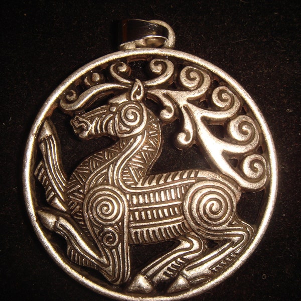 Beautiful Single Sided Raised Engraved Cutout Scythian Stylized Stag Hart Wild Hunt Celt or Nord Pendant w/Deer Toggle
