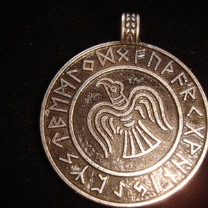 Amulet w Odin&#39;s Ravens Huginn or Muninn w/ Runes Futhark Asatru Nord Heathen Altar ot Charm Pendant