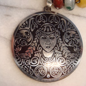 Celtic Goddess Brigit Brid Brighid Bridget Pendant Deep Engraved Stainless Steel W Genuine Stone Accent Beads