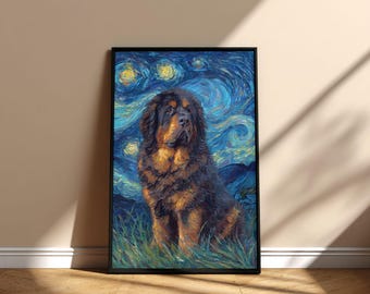 Póster imprimible de pintura de perro mastín tibetano en la noche estrellada, diseño digital conmemorativo de descarga instantánea, regalo para mamá y papá en el Día de la Adopción.