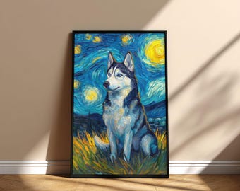Póster imprimible de arte mural con pintura de perro husky de Sajalín en la noche estrellada, diseño digital de arte conmemorativo de descarga instantánea, regalo para mamá y papá en el Día de la Adopción
