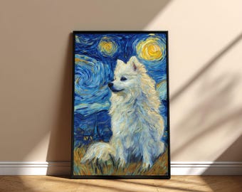 Póster imprimible de pintura de perro esquimal americano en la noche estrellada, diseño digital conmemorativo de descarga instantánea, regalo para mamá y papá en el Día de la Adopción de Mascotas.