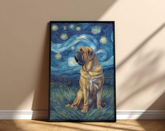 Póster imprimible de arte mural con pintura de perro mastín coreano en la noche estrellada, diseño digital de arte conmemorativo de descarga instantánea, regalo del Día de la Adopción para mamá y papá