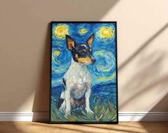 Cuadro de perro Toy Fox Terrier con pintura de la noche estrellada, póster imprimible para pared, arte conmemorativo, diseño digital de descarga instantánea, regalo del Día de la Adopción para mamá y papá